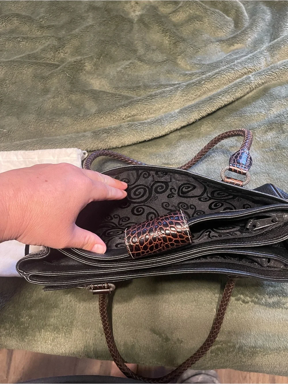Vintage Black Leather Satchel Bag with Brown Accents